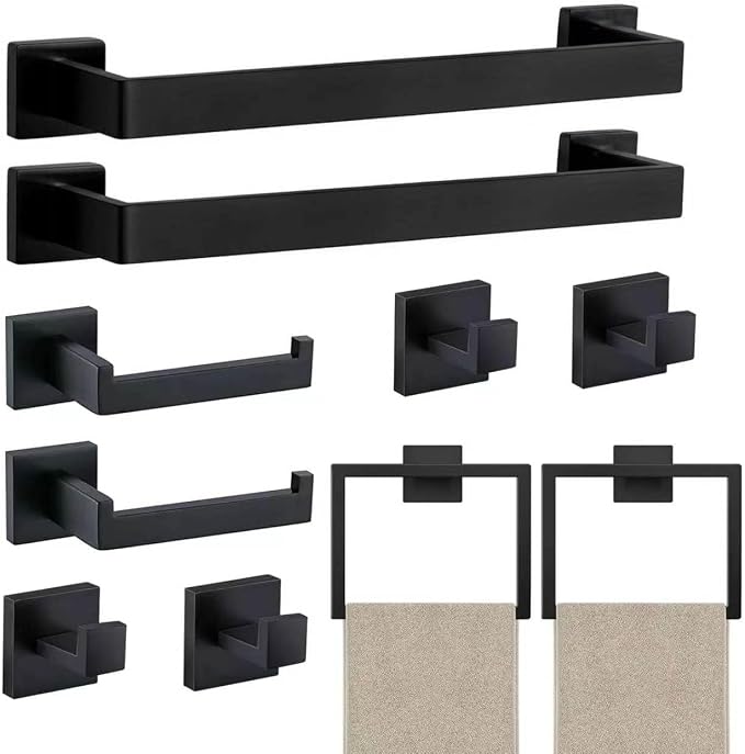 JOPOFI 10 Piece Towel Bar Set - 15.7Inch Bath Towel Holder - Matte Black | Stainless Steel Towel Racks for Bathroom Wall Mounted, Towel Rod for Bathroom Wall