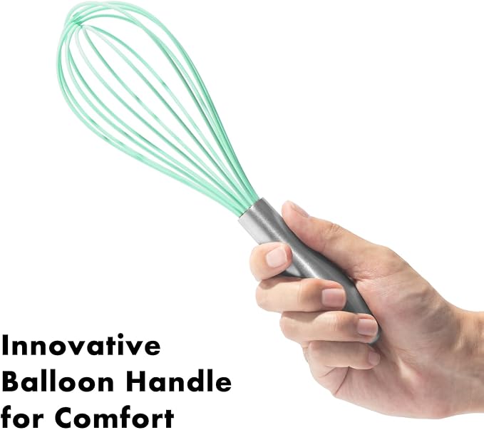 OYV 10-Inch Teal Silicone Whisk, Non-Scratch, 18/10 Stainless Steel Handle | 480°F Heat Resistant, BPA-Free Silicone, Sealed Waterproof Handle, Nonstick-Safe, Dishwasher Safe, Aqua