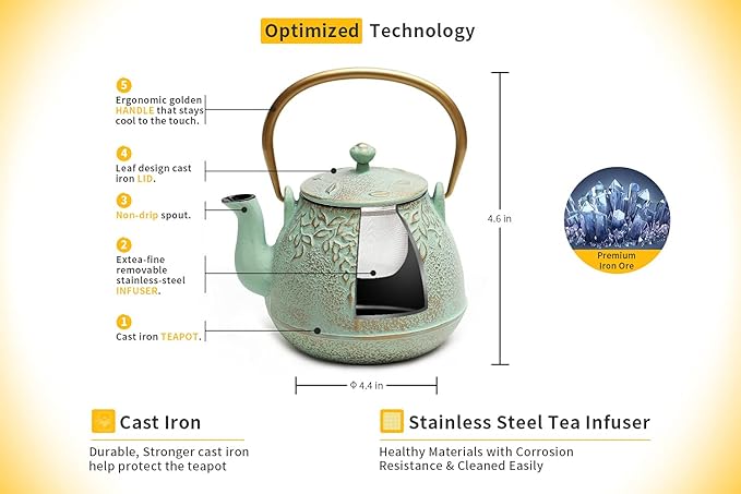 TOPTIER Tea Kettle for Stove Top, Cast Iron Teapot Stovetop Safe with Infusers for Loose Tea, 22 oz, Light Green