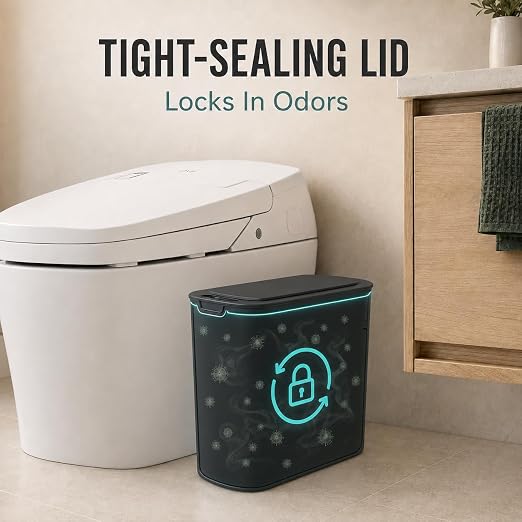 TIPGO Automatic Small Bathroom Trash Can with Lid, 2.6 Gallon, Black | Motion Sensor, Plastic, Touchless, Odor Control, Smart Garbage Can, Battery Operated, Manual Button, for Bedroom, Office,RV