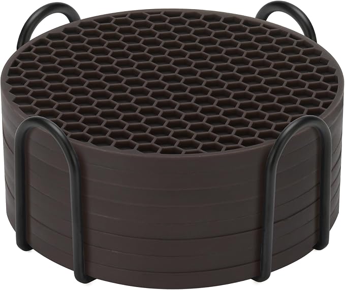 TWTLi Silicone Coasters Set of 8 with Holder — Non-Slip Drink Coasters for Coffee Table, Home Bar & Kitchen, Protects Wood & Marble Surfaces from Water Rings, Dishwasher Safe (Coffee)