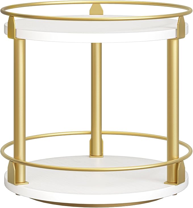 Lazy Susan Organizer, Rotating Spice Rack, 2 Tier Spice Turntable Organizer, Industrial Turntable Spice Holder, for Kitchen Countertop and Cabinet, Compact and Versatile, White and Gold SR22DW