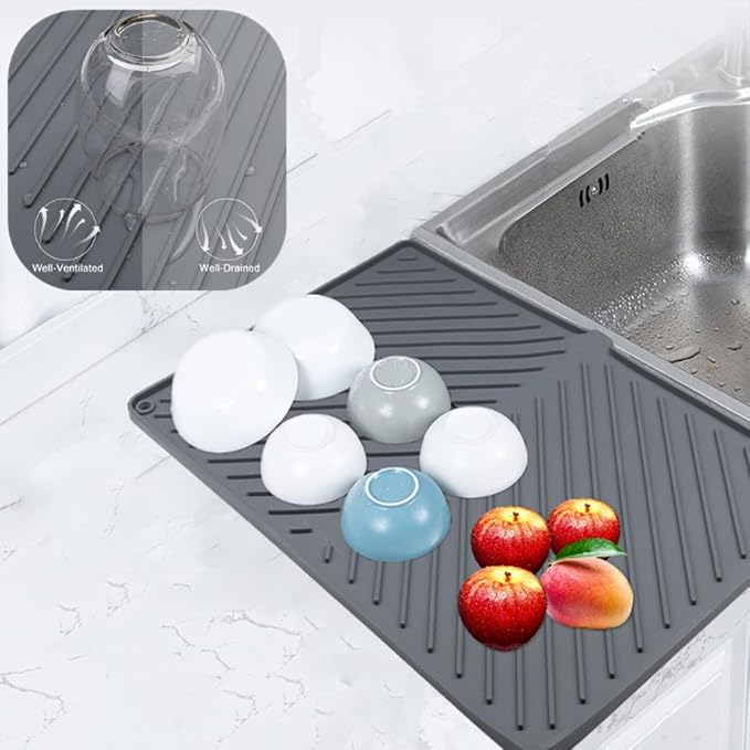 Dish Drying Mat, Silicone Dish Drying Mat for Kitchen Counter, Extra Thick & Large Dish Drainboard Mat with Built-in Drain, Non-silp, Heat Resistant, Dishwasher Safe (Black, 24" x 15")