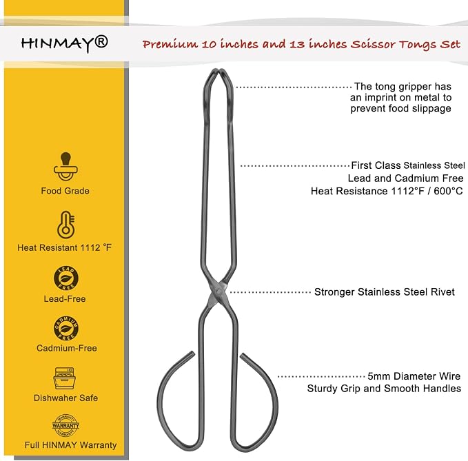 HINMAY 10" 13" Stainless Steel Kitchen Scissor Tongs, Set of 2 | Heavy Duty Non-Slip Comfortable Grip Metal Scissor Tongs for Cooking, Grilling & Serving
