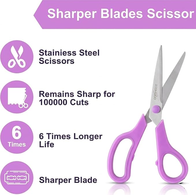 Scissors, BOOMIBOO 8" All Purpose 24 Pack - Comfort-Grip Scissors for Office Desk Accessories Sewing Fabric Home Craft School Supplies, Teacher/Class Supplies, Right/Left Handles (Rainbow Color)
