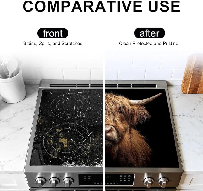 Highland Cow Stove Top Cover, Brown Highland Cow Farmhouse Style | Non-Slip Washable Cooktop Protector Mat for Glass & Electric Stoves, 28.4 x 20.5 in