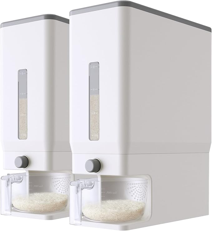Lifewit Rice Dispenser 25 Lbs, Airtight Storage with Cup, 2 Pack White | BPA-Free 11.3kg Capacity Storage Container for Beans, Corn & Other Small Grains, One-Press Dispensing Bin for Kitchen Pantry
