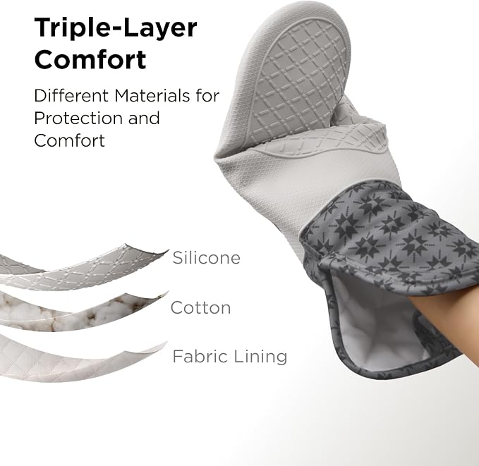 Kitchen Mama UltraShield Silicone Oven Mitts, Gem Gray | Heat Resistant, Non-Slip Surface, Waterproof, Flexible, Durable