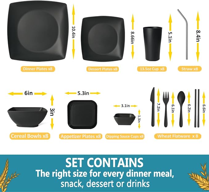 Teivio 88-piece Flatware Plates and Bowls Sets for 8, Black Dinnerware Sets | Plastic Wheat Straw Dish set,Unbreakable Dinner Plate set,13.5oz Cups, Dishwasher,Outdoor Kitchen RV Camping Dorm Essentials