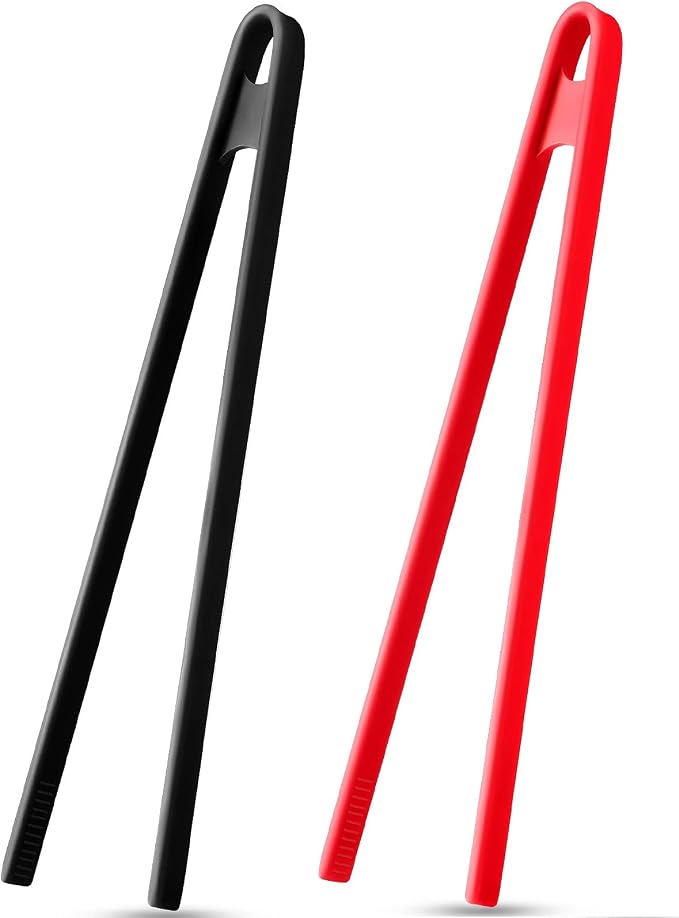Patelai 2 Pcs 11.8 Inch Silicone Tongs for Cooking Silicone Tweezer Trivet Toaster Tongs Long Heat Resistant Kitchen Grilling Serving Utensils for Food BBQ, Pan Fried Steak, Salad(Black, Red)