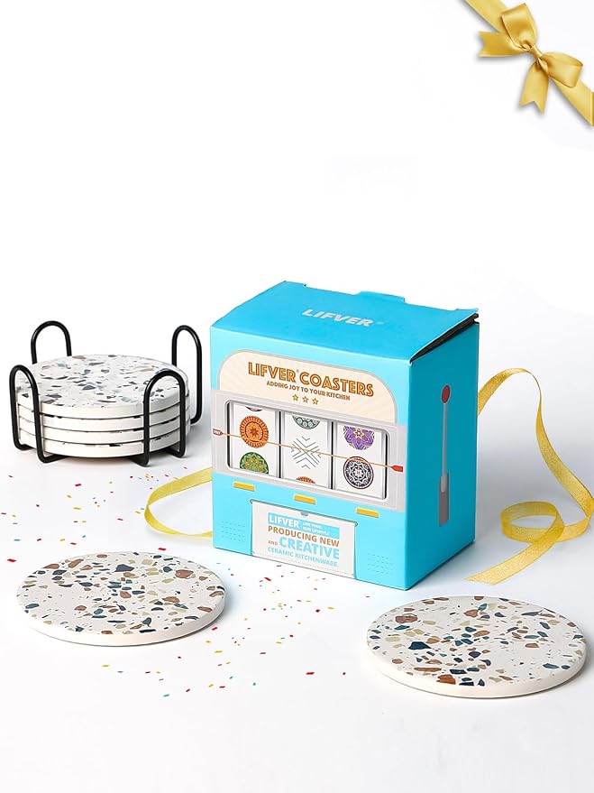 LIFVER Coasters Set of 6, Terrazzo Style Ceramic Drink Coasters with Holder | Set of 6 terrazzo coasters with holder, absorbent & non-slip cork back, protects tables from rings/scratches, stylish gift