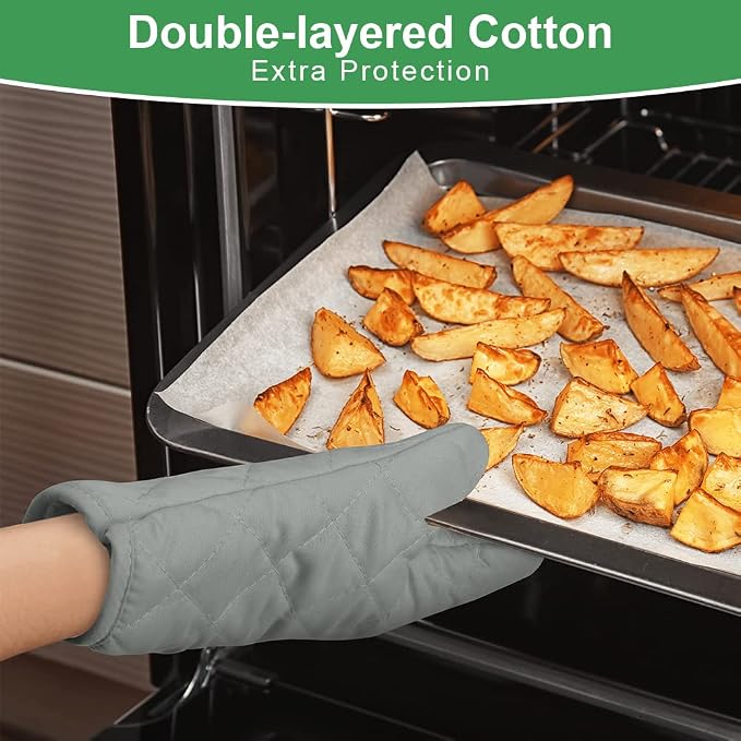 AUAUY Grey Oven Mitts, 1 Pair Kitchen Mittens, 392°F Heat Resistant | Oven Gloves Non-Slip Kitchen Gloves for Oven, BBQ Gloves-Oven Mitts Infill Cotton Cooking Gloves for Oven Grilling Baking