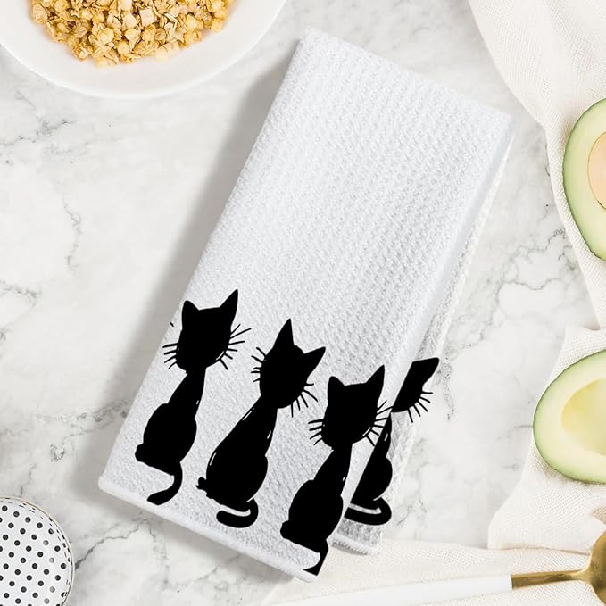 2 Pcs Cute Cat Kitchen Towels 24x14 Inch, Cat Lover Gifts for Women Mom | Cute Cat Gifts Absorbent Reuse Hand Tea Towel Dish Cloths for Drying Dishes, Cat Waffle Dish Towels for Kitchen Home Decor