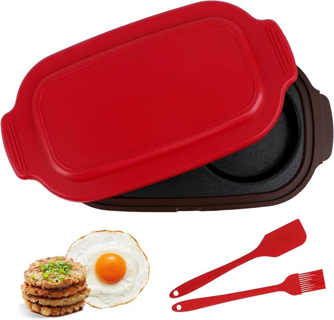 Microwave Egg Cooker & Poacher, Quick-Heat Dual Cavity Non-Stick Egg Maker for Breakfast Sandwich, Muffins and Omelets, Includes Spatula & Oil Brush for Home, Office, RV Travel