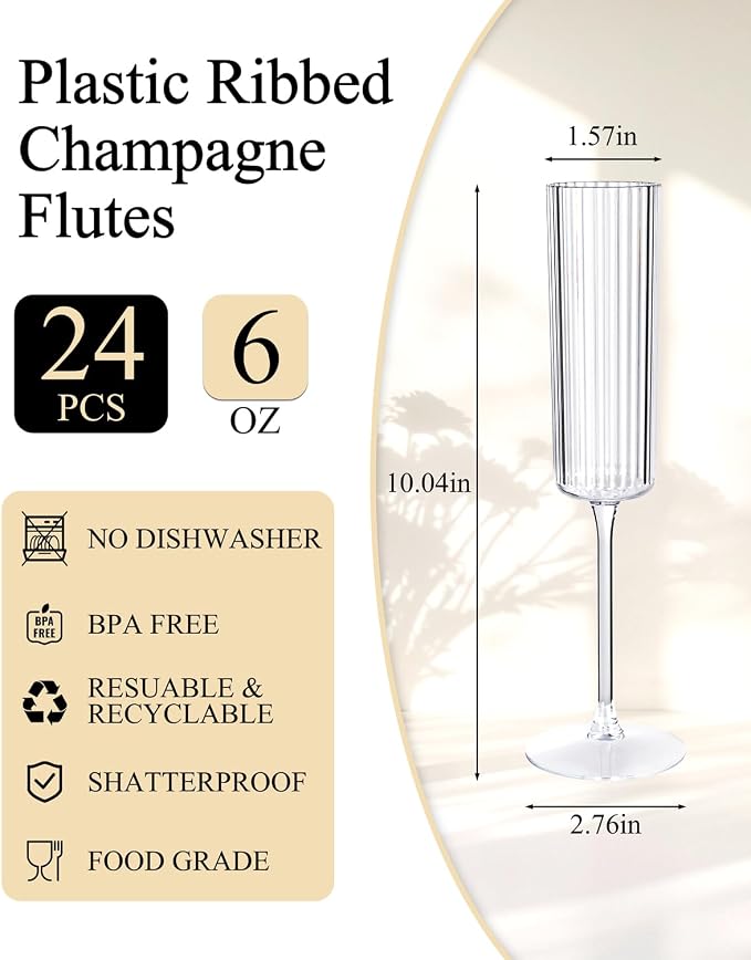 Ciaell 24 Pack Plastic Champagne Flutes for Weddings Birthdays | 6 oz Clear Long Stem Vintage Ribbed Mimosa Glasses, Heavy Duty Plastic, Champagne Mimosas Wine for Parties Bars Brunch