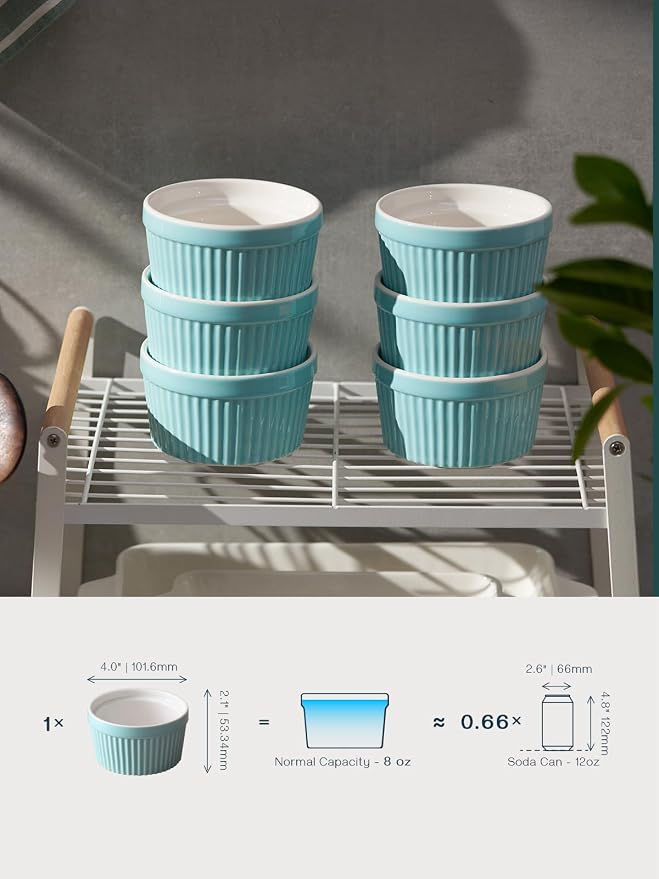 DOWAN 8 oz Ramekins for Creme Brulee, Porcelain Ramekin Oven Safe, Classic Style Ramekins for Baking Souffle Dishes Small Bowls, Set of 6, Blue