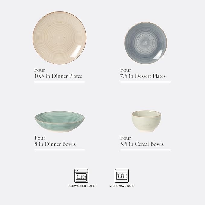 Gibson Home Stonebury 16 Piece Plates and Bowls Assorted Color Dishes - Handpainted Stoneware Dinnerware Set - Service for 4