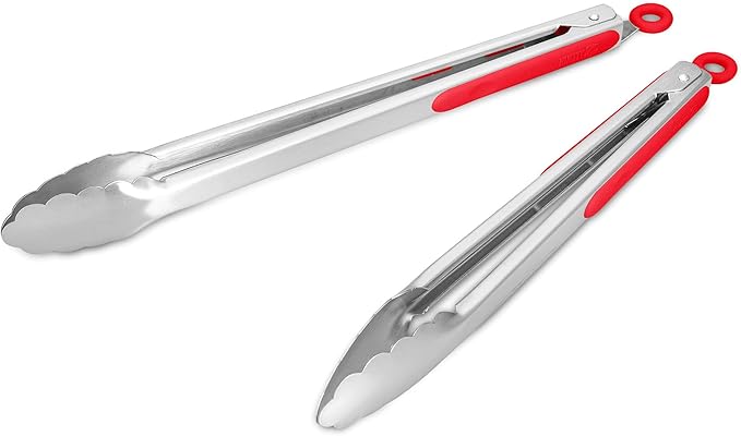 304 Stainless Steel Kitchen Cooking Tongs, 12 & 14 Inch, Set of 2, Red | Locking Food Tongs with Non-slip Grips and Hanging Loops for Cooking, Grilling, BBQ and Serving, Dishwasher Safe
