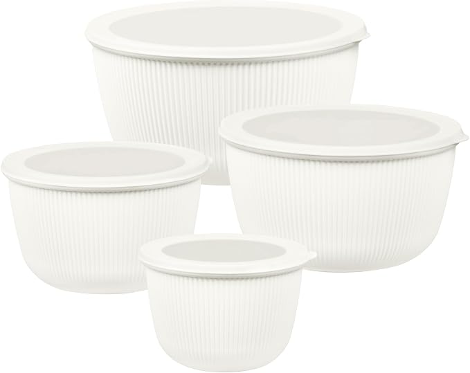 BoxedHome Plastic Mixing Bowls with Lids Set,4.97QT Large Capacity Deep Nesting Bowl,8 Pieces Set BPA-Free Prep Bowls,Dishwasher & Microwave Safe,Beige