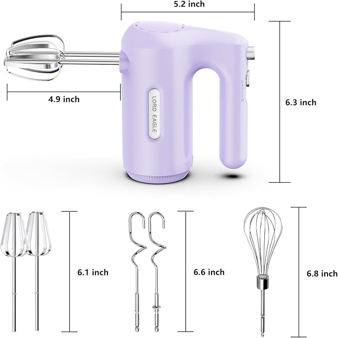 Lord Eagle 5-Speed Small Hand Mixer Electric, 300W Compact Portable, Purple | Handheld Kitchen Mixer Egg Beater with 5 Attachments & Storage Bag, Cake Supplies for Bread Dough Baking, Lightweight