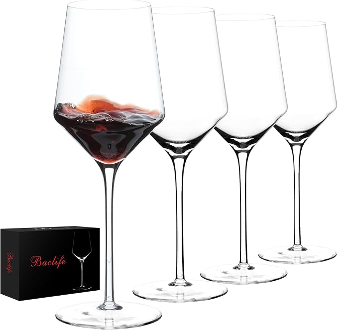 BACLIFE Hand Blown Red Wine Glasses Set of 4 – 15 oz Premium Crystal Wine Glasses With Long Stem – Unique Gift for Father's Day, Birthday, Wedding, Daily Use