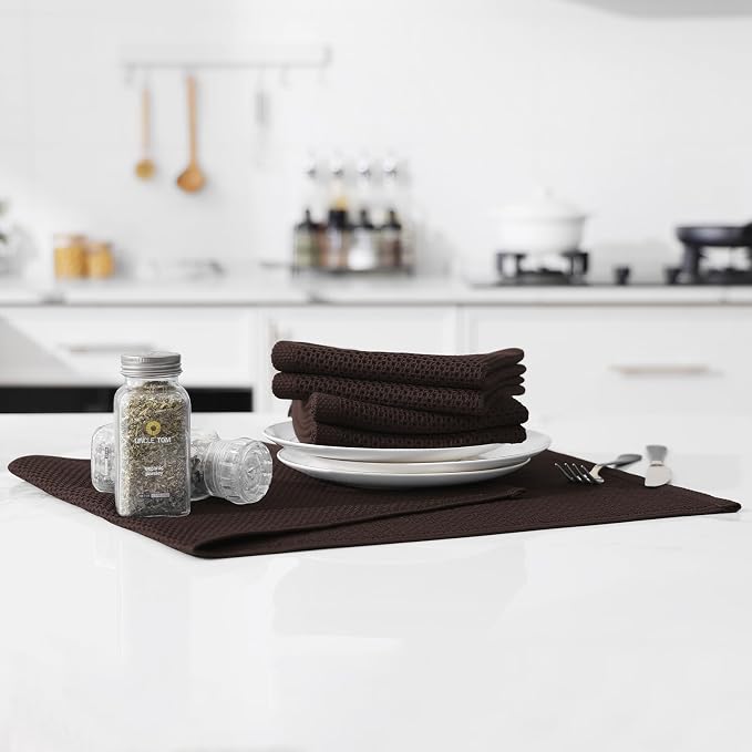 Kitinjoy 100% Cotton Waffle 4-Pack Kitchen Towels, 13" x 28", Dark Brown | Super Soft, Ultra-Absorbent, Fast Drying, lightweight, Quick Drying Kitchen Hand Towels