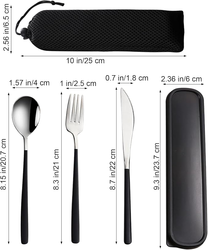 VANRA 3-Piece Portable Travel Utensils Set with Case 18/8 Stainless Steel Flatware Set Reusable Cutlery Set with Fork Spoon Knife for Lunch Travel Camping School Work Picnic (Black)