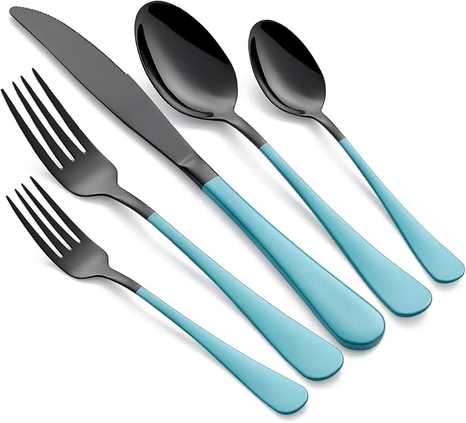 20-Piece Lake Blue Silverware Set 18/0 Stainless Steel Black Silverware Set Lake Blue Handle Cutlery Black Set Service for 4 Dinner Knives Forks Spoons Flatware Set Dishwasher Safe