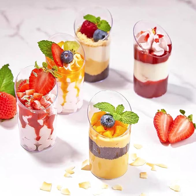 mwellewm 400 Pcs Dessert Cups with Lids and Spoons, 5 OZ Parfait Cups 3 OZ Plastic Desert Cups Clear Mini Shooter Cups for Party Reusable Small Appetizer Serving Fruit Cup Ice Cream Cake Pudding