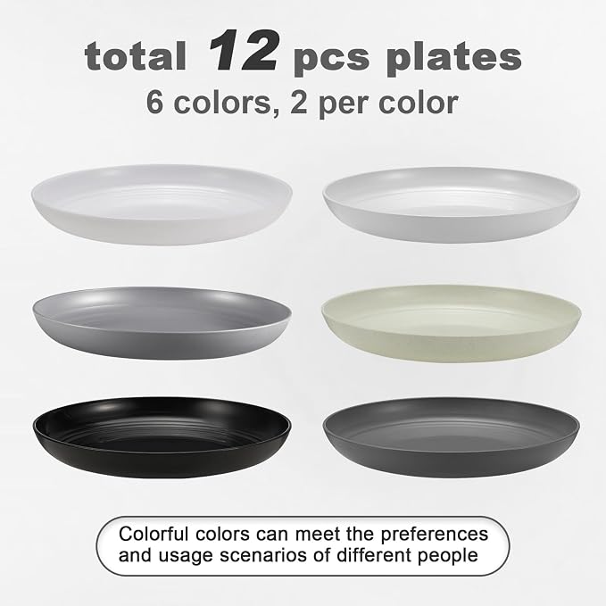 HEYCOME 12 Pcs Unbreakable Deep Dinner Plates Set, 10 inch Reusable Plastic Wheat Straw Plates, Microwave and Dishwasher Safe Plate for Kitchen, Lightweight Plate for Dessert, BPA Free, 6 Colors
