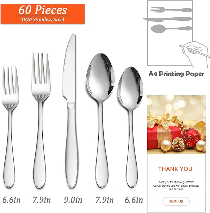 HaWare 60-Piece Silverware Set for 12, Stainless Steel Flatware | Food Grade Cutlery Tableware for Home, Modern Ergonomic Eating Utesils, Mirror Polished, Dishwasher Safe