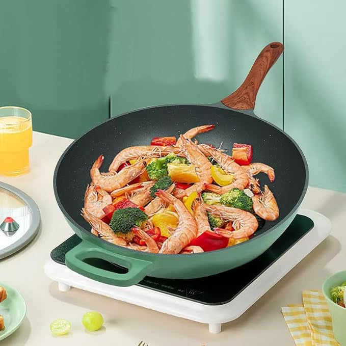 Nonstick Wok with Lid, Die-Cast Aluminum Deep Frying Pan, Skillet for Cooking, Induction Cookware, Emerald Green, 12.5 Inch