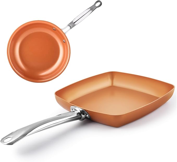 Toutrop 2 Pcs Non-stick Copper Frying Pan Set, 10" & 9.5" Chef Skillet with Ceramic Coating, Oven Dishwasher Safe, PFOA-Free, Home Use for All Stoves,10" Round+9.5" Square
