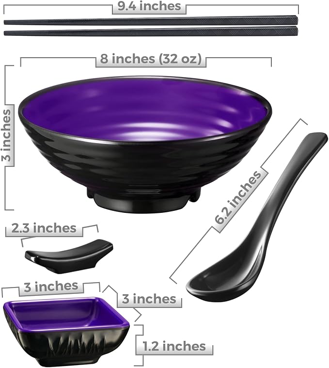 Unbreakable Ramen Bowl Set with Chopsticks and Spoon: 2 large Japanese Style Melamine Ramen Bowls (2 Bowl Set, Purple-Black)