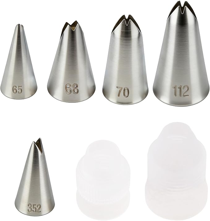 7 Pcs Leaf Piping Tips Set, 5 Stainless Steel Cake Decorating Tips with Couplers, Icing Nozzles for Buttercream Flowers, Cupcakes, Cookies, Pastries, Baking Supplies for Home Bakers (65/68/70/352/112)
