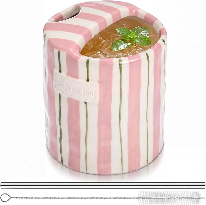 1 Pack Ceramic Mug with Sip Hole, Simple, Pink and Green | 10oz Ceramic Coffee Cup with Straws, Retro Hand Painted Striped, for Iced Coffee Tea Latte Espresso, Kitchen Dining Travel