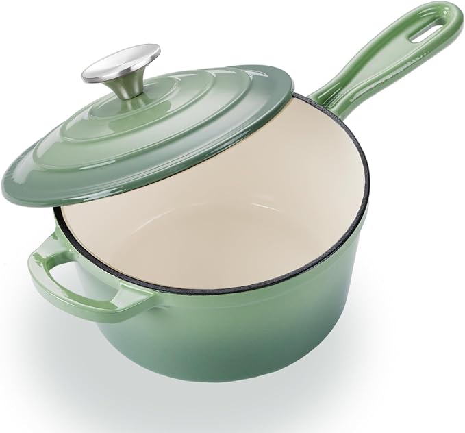 Leonyo 3 Quart Cast Iron Saucepan, Kitchen Cookware Pot, Pistachio Green | For Kitchen Induction Boiling Soup, Bread, Pasta - Up to 500°F & 8Lbs