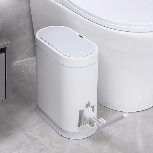 ELPHECO Bathroom Trash Can with Toilet Brush 2.5 Gallon Waterproof Trash Bin Smart Garbage can with lid Motion Sensor Waste Bin Automatic Bathroom Decor (White) | Motion Sensor Garbage can with lid, Automatic Trash Bin, Waterproof Waste Bin, Bathroom D...