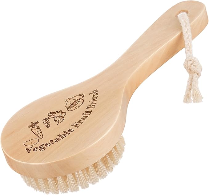 Honeydak 1 Pcs Wooden Potato Scrubber Brush Vegetable Cleaning Scrubber 7.87 Inch Long 3.15 Inch in Diameter with Long Handle for Potato Carrot Cucumber Fruits Dish Brush for Pans Pots