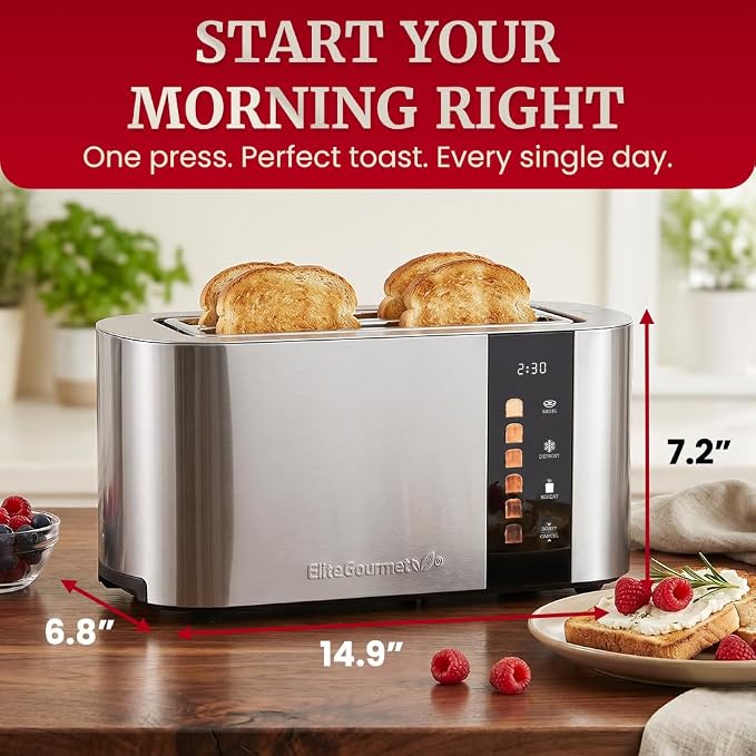 Elite Gourmet ECT5500 4-Slice Long Slot Toaster, Stainless Steel | Fully Automatic Motorized, Digital Touchscreen, 6 Browning Levels, Bagel, Defrost & Reheat, Extra-Wide Slots for Bagels