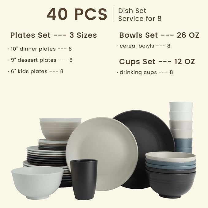 Premium 40 PCS Wheat Straw Dinnerware Set - Dinner Plates, Cereal Bowls, Unbreakable Cups Set, Microwave and Dishwasher Safe Dishes Set, Reusable Lightweight Dish Sets for Kitchen(Black Grey)