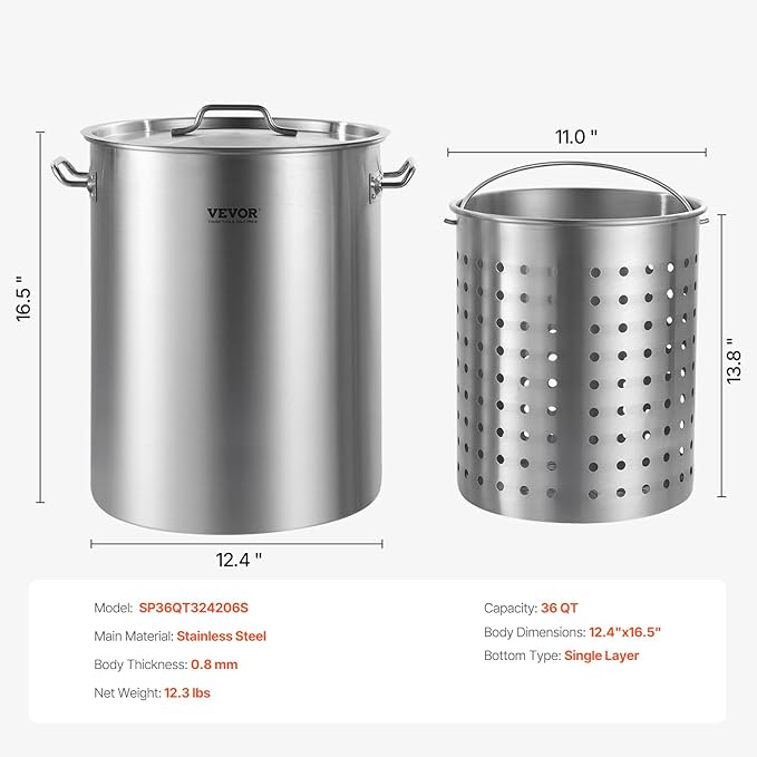 VEVOR Stainless Steel Stockpot, 36 Quart Cooking Pots, Cookware Sauce Pot with Basket, Lid, and Handle, Heavy Duty Commercial Grade Stock Pot, Sanding Treatment, for Steaming Boiling or Frying Silver