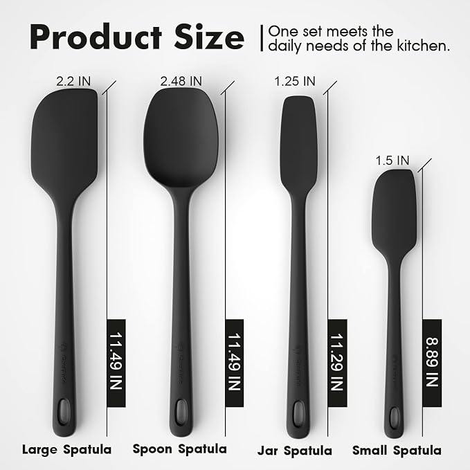 ChefAide 4 Pieces Silicone Spatula Set, Food Grade Rubber Spatula, Upgrade Strong Handle with Ergonomic Grip, Heat Resistant Up to 600°F for Nonstick Cookware, Cooking Baking Mixing, Black (SP4)