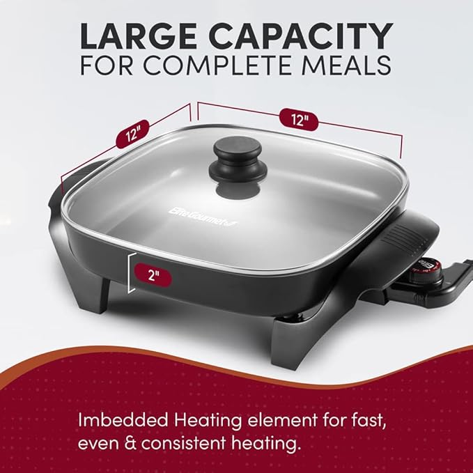 Elite Gourmet Ceralast PFAS-Free Ceramic Electric Skillet, 1200W, Dark Gray | Dishwasher Safe, Rapid Heat-Up Coating, 12"x12" Cooking Surface, Non-Stick for Everyday Meals - 2.15" Deep Design
