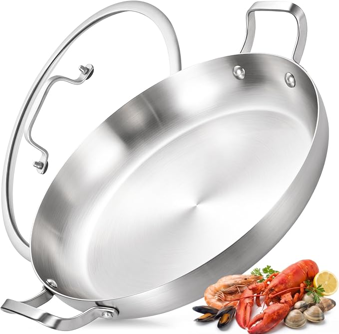 Inqibee 13 Inch Tri-ply Stainless Steel Paella Pan with Lid | Large Frying Pan with Double Riveted Handles, Wide Shallow Paella for Stovetop, Induction Compatible, Oven Safe, 3-5 Servings