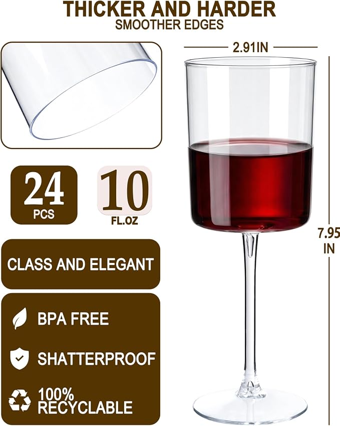 Ciaell 12 Pack Plastic Wine Glasses for Weddings Outdoor Gatherings | 10 oz Clear Stemmed Cups, Heavy Duty Plastic, Wine Champagne Cocktails Beverages for Parties Anniversaries Birthdays