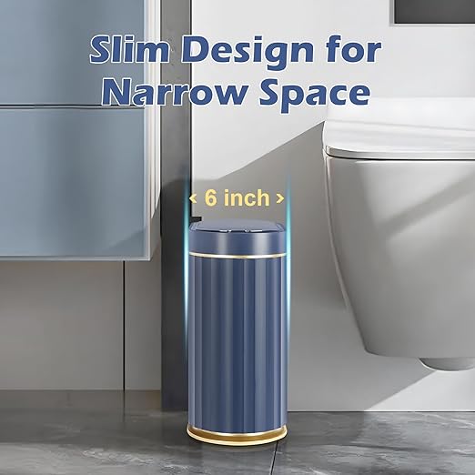 ELPHECO 2 Gallon Sensor Trash Can, Automatic Lid, Midnight Blue Gold | IPX5 Waterproof Bathroom Trash Bin, Slim Garbage Can, Plastic Wastebasket for Office, Bedroom and Kitchen