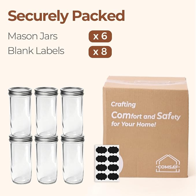 ComSaf 24 oz Wide Mouth Mason Jars 6 Pack, Tall Glass Jars with Lids | BPA-Free Materials, Canning Pickling Jam, Sauce Juice, Chunky Salsa, Sourdough Starter, Large Capacity, DIY Favor