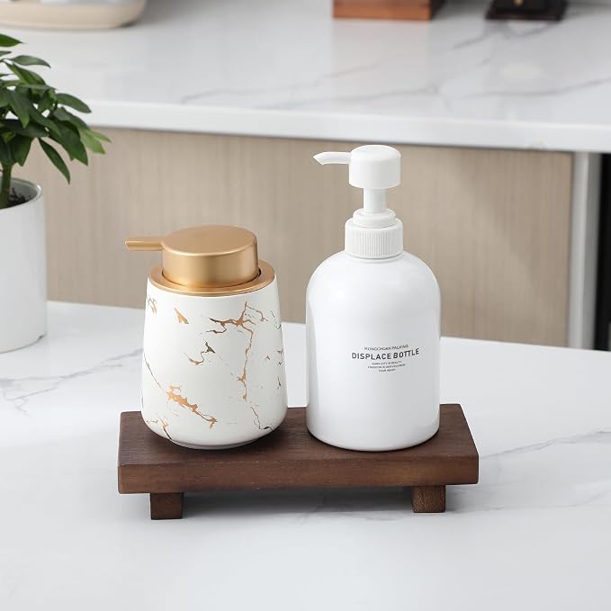 Wood Bathroom Tray Farmhouse Decor Kitchen Soap Holder, 8.7" x 3.6" Walnut | Waterproof, Lightweight, Easy Clean, Small Wooden Riser Pedestal Stand Accessories for Office Desk, Vanity, Counter, Sink