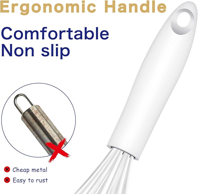 OYV White Silicone Whisk Set of 3, 8/10/12 Inch, Heat Resistant 480°F | Sealed Waterproof Handles, Non-Scratch Silicone-Coated Wires, Nonstick-Safe, Durable Stainless Steel Cores, BPA free